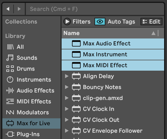 The three Max for Live device types in the Live browser