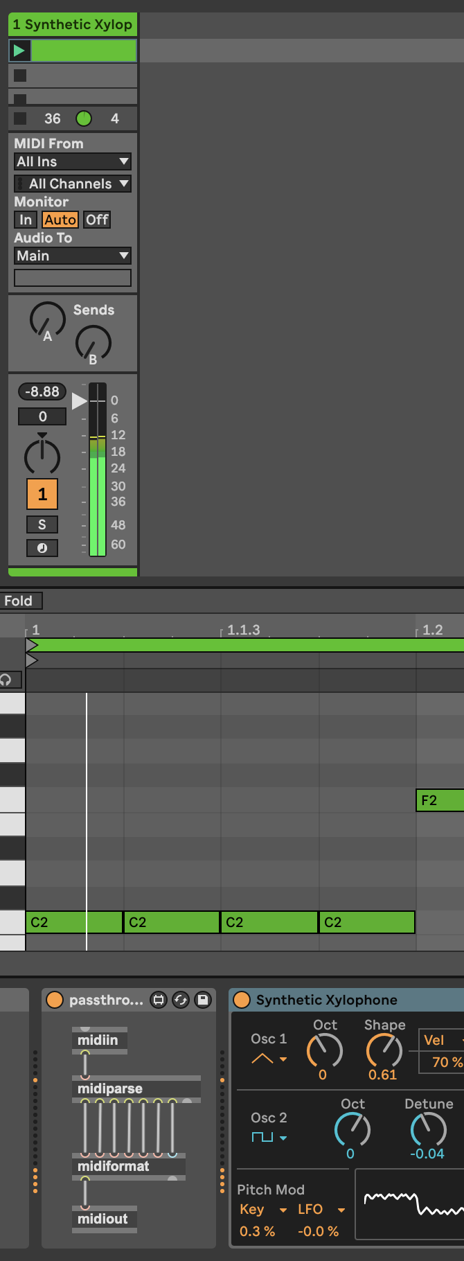 MIDI passthrough testing with a clip and instrument