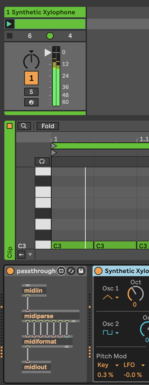 MIDI passthrough testing with a clip and instrument